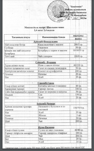 Мектептің ас мәзірі 1/3 апта, 2/4 апта