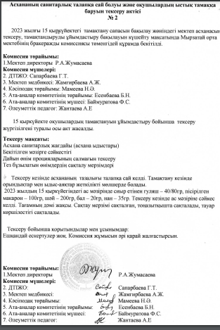 Асхананың санитарлық талапқа сай болуы және оқушылардың ыстық тамаққа баруын тексеру актісі 2