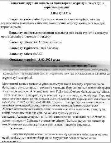 Тамақтандырудың сапасына мониторинг жүргізуін тексерудің қорытындысына