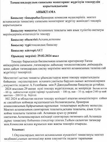Тамактандырудың сапасына монитонг жүргізуін тексерудің қорытындысы.